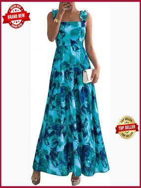 Sleeveless Smocked Floral Maxi Dress Wedding Guest Formal Party